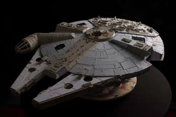 Millennium Falcon studio-scale model in progress, three-quarter view from above