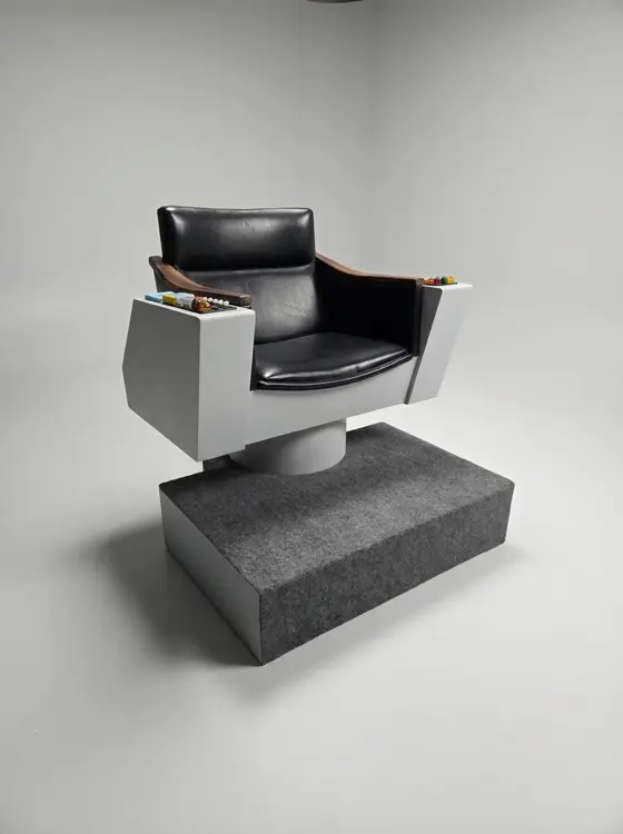 Replica Star Trek captain’s chair with a black leather seat, wood armrests and white console arms on a grey carpeted platform